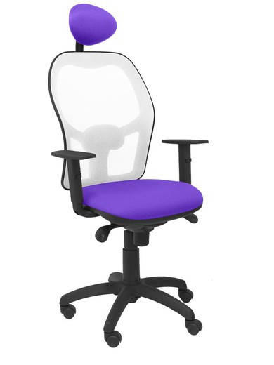 Modelo Jorquera - Silla de oficina ergonómica con mecanismo sincro, brazos regulables y ajustable en altura  Respaldo de malla transpirable en color blanco y asiento tapizados en tejido BALI color lila (CON CABECERO)