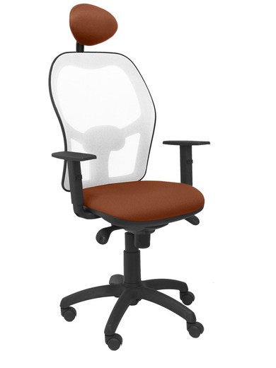 Modelo Jorquera - Silla de oficina ergonómica con mecanismo sincro, brazos regulables y ajustable en altura  Respaldo de malla transpirable en color blanco y asiento tapizados en tejido BALI color marrón (CON CABECERO)