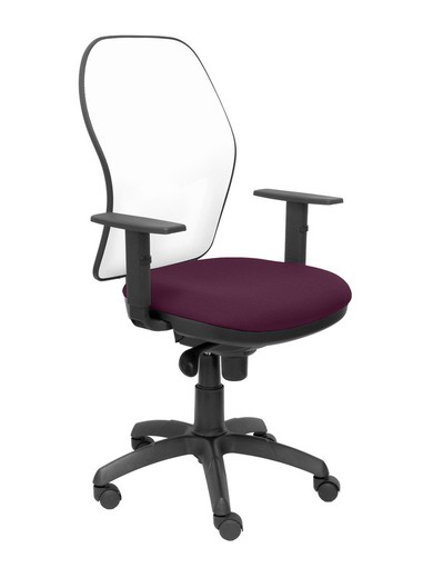 Modelo Jorquera - Silla de oficina ergonómica con mecanismo sincro, brazos regulables y ajustable en altura - Respaldo de malla transpirable en color blanco y asiento tapizados en tejido BALI color morado