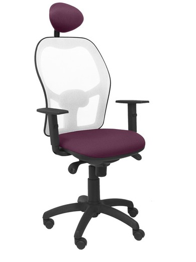 Modelo Jorquera - Silla de oficina ergonómica con mecanismo sincro, brazos regulables y ajustable en altura  Respaldo de malla transpirable en color blanco y asiento tapizados en tejido BALI color morado (CON CABECERO)