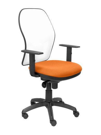 Modelo Jorquera - Silla de oficina ergonómica con mecanismo sincro, brazos regulables y ajustable en altura - Respaldo de malla transpirable en color blanco y asiento tapizados en tejido BALI color naranja