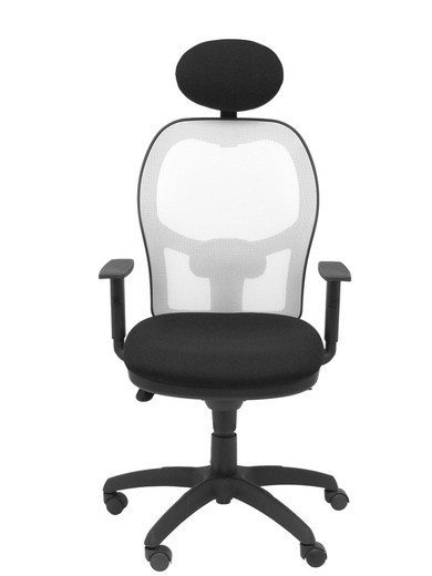 Modelo Jorquera - Silla de oficina ergonómica con mecanismo sincro, brazos regulables y ajustable en altura  Respaldo de malla transpirable en color blanco y asiento tapizados en tejido BALI color negro (CON CABECERO)