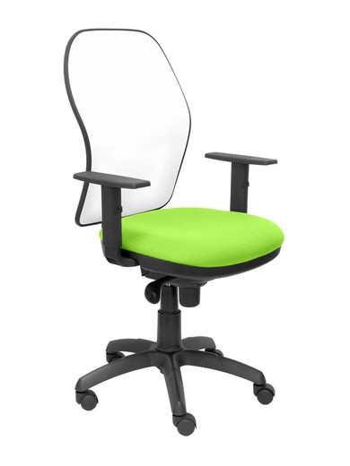 Modelo Jorquera - Silla de oficina ergonómica con mecanismo sincro, brazos regulables y ajustable en altura - Respaldo de malla transpirable en color blanco y asiento tapizados en tejido BALI color pistacho