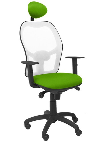 Modelo Jorquera - Silla de oficina ergonómica con mecanismo sincro, brazos regulables y ajustable en altura  Respaldo de malla transpirable en color blanco y asiento tapizados en tejido BALI color pistacho (CON CABECERO)