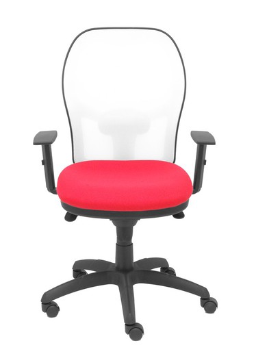 Modelo Jorquera - Silla de oficina ergonómica con mecanismo sincro, brazos regulables y ajustable en altura - Respaldo de malla transpirable en color blanco y asiento tapizados en tejido BALI color rojo