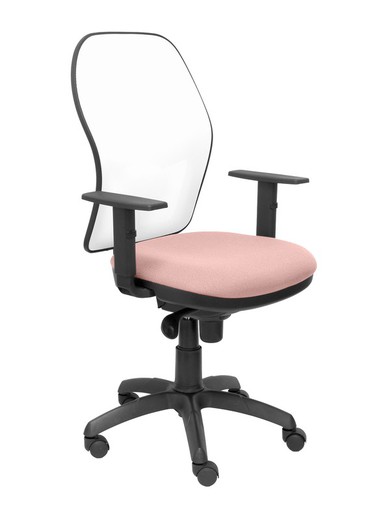 Modelo Jorquera - Silla de oficina ergonómica con mecanismo sincro, brazos regulables y ajustable en altura - Respaldo de malla transpirable en color blanco y asiento tapizados en tejido BALI color rosa