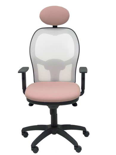 Modelo Jorquera - Silla de oficina ergonómica con mecanismo sincro, brazos regulables y ajustable en altura  Respaldo de malla transpirable en color blanco y asiento tapizados en tejido BALI color rosa pálido (CON CABECERO)