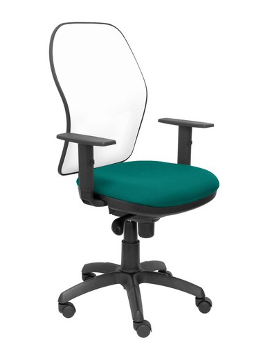 Modelo Jorquera - Silla de oficina ergonómica con mecanismo sincro, brazos regulables y ajustable en altura - Respaldo de malla transpirable en color blanco y asiento tapizados en tejido BALI color turquesa