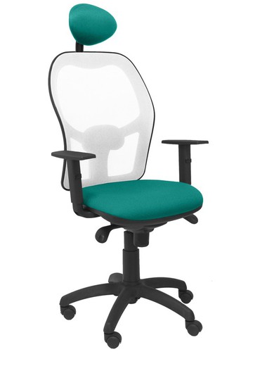 Modelo Jorquera - Silla de oficina ergonómica con mecanismo sincro, brazos regulables y ajustable en altura  Respaldo de malla transpirable en color blanco y asiento tapizados en tejido BALI color turquesa (CON CABECERO)