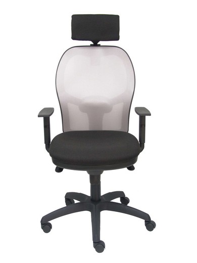 Modelo Jorquera - Silla de oficina ergonómica con mecanismo sincro, brazos regulables y ajustable en altura - Respaldo de malla transpirable en color gris con cabecero regulable tapizado y asiento tapizados en tejido BALI color negro