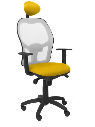 Modelo Jorquera - Silla de oficina ergonómica con mecanismo sincro, brazos regulables y ajustable en altura  Respaldo de malla transpirable en color gris y asiento tapizados en tejido BALI color amarillo (CON CABECERO)