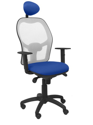 Modelo Jorquera - Silla de oficina ergonómica con mecanismo sincro, brazos regulables y ajustable en altura  Respaldo de malla transpirable en color gris y asiento tapizados en tejido BALI color azul (CON CABECERO)