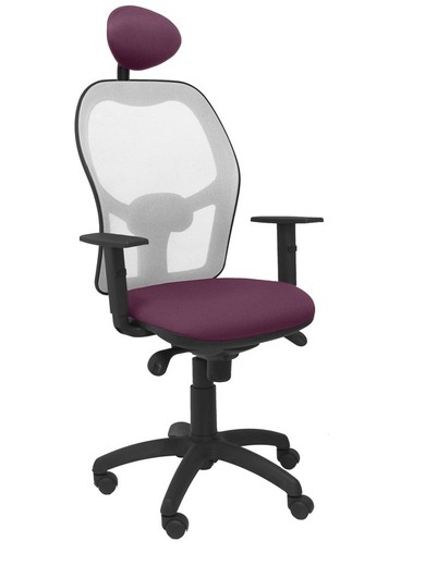 Modelo Jorquera - Silla de oficina ergonómica con mecanismo sincro, brazos regulables y ajustable en altura  Respaldo de malla transpirable en color gris y asiento tapizados en tejido BALI color lila (CON CABECERO)