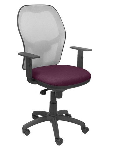 Modelo Jorquera - Silla de oficina ergonómica con mecanismo sincro, brazos regulables y ajustable en altura - Respaldo de malla transpirable en color gris y asiento tapizados en tejido BALI color morado