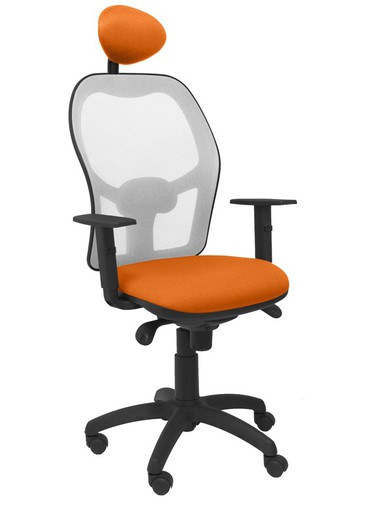 Modelo Jorquera - Silla de oficina ergonómica con mecanismo sincro, brazos regulables y ajustable en altura  Respaldo de malla transpirable en color gris y asiento tapizados en tejido BALI color naranja (CON CABECERO)