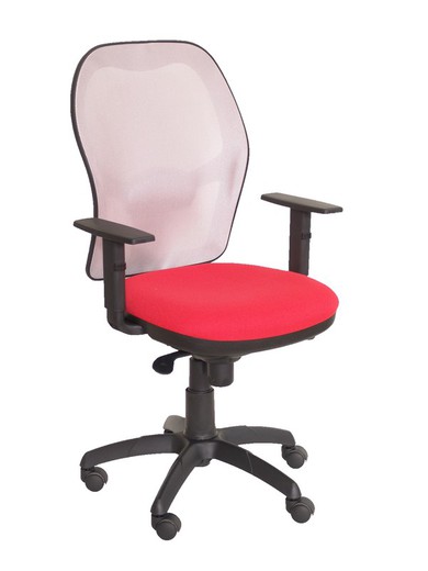 Modelo Jorquera - Silla de oficina ergonómica con mecanismo sincro, brazos regulables y ajustable en altura - Respaldo de malla transpirable en color gris y asiento tapizados en tejido BALI color rojo