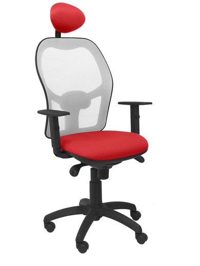 Modelo Jorquera - Silla de oficina ergonómica con mecanismo sincro, brazos regulables y ajustable en altura  Respaldo de malla transpirable en color gris y asiento tapizados en tejido BALI color rojo (CON CABECERO)