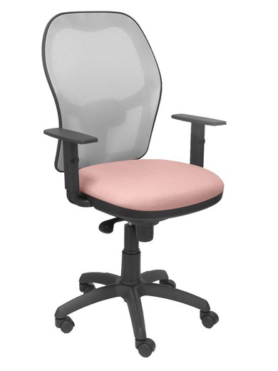 Modelo Jorquera - Silla de oficina ergonómica con mecanismo sincro, brazos regulables y ajustable en altura - Respaldo de malla transpirable en color gris y asiento tapizados en tejido BALI color rosa