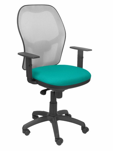 Modelo Jorquera - Silla de oficina ergonómica con mecanismo sincro, brazos regulables y ajustable en altura - Respaldo de malla transpirable en color gris y asiento tapizados en tejido BALI color turquesa