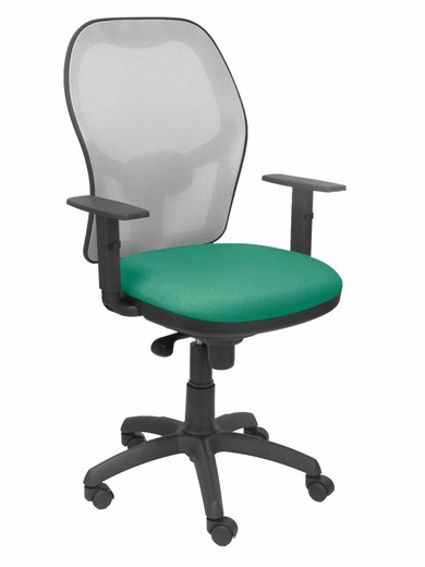 Modelo Jorquera - Silla de oficina ergonómica con mecanismo sincro, brazos regulables y ajustable en altura - Respaldo de malla transpirable en color gris y asiento tapizados en tejido BALI color verde esmeralda