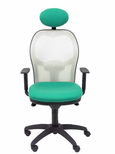 Modelo Jorquera - Silla de oficina ergonómica con mecanismo sincro, brazos regulables y ajustable en altura  Respaldo de malla transpirable en color gris y asiento tapizados en tejido BALI color verde esmeralda (CON CABECERO)