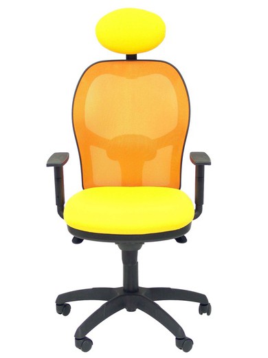 Modelo Jorquera - Silla de oficina ergonómica con mecanismo sincro, brazos regulables y ajustable en altura  Respaldo de malla transpirable en color naranja y asiento tapizados en tejido BALI color amarillo (CON CABECERO)