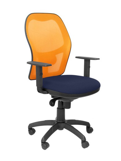 Modelo Jorquera - Silla de oficina ergonómica con mecanismo sincro, brazos regulables y ajustable en altura - Respaldo de malla transpirable en color naranja y asiento tapizados en tejido BALI color azul marino