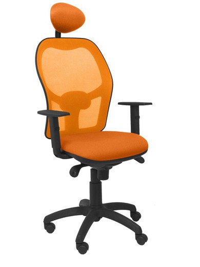 Modelo Jorquera - Silla de oficina ergonómica con mecanismo sincro, brazos regulables y ajustable en altura  Respaldo de malla transpirable en color naranja y asiento tapizados en tejido BALI color naranja (CON CABECERO)