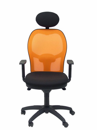 Modelo Jorquera - Silla de oficina ergonómica con mecanismo sincro, brazos regulables y ajustable en altura  Respaldo de malla transpirable en color naranja y asiento tapizados en tejido BALI color negro (CON CABECERO)