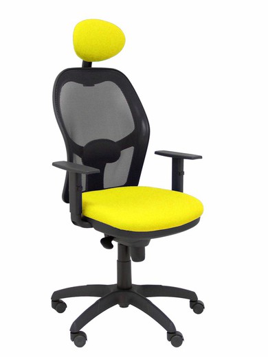 Modelo Jorquera - Silla de oficina ergonómica con mecanismo sincro, brazos regulables y ajustable en altura  Respaldo de malla transpirable en color negro y asiento tapizados en tejido BALI color amarillo (CON CABECERO)