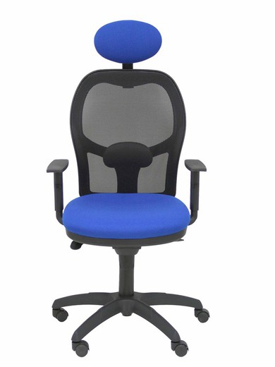 Modelo Jorquera - Silla de oficina ergonómica con mecanismo sincro, brazos regulables y ajustable en altura  Respaldo de malla transpirable en color negro y asiento tapizados en tejido BALI color azul (CON CABECERO)