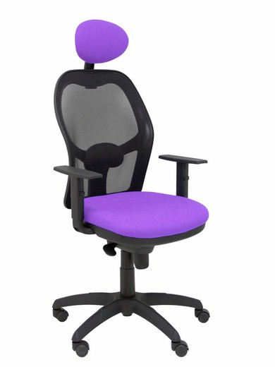 Modelo Jorquera - Silla de oficina ergonómica con mecanismo sincro, brazos regulables y ajustable en altura  Respaldo de malla transpirable en color negro y asiento tapizados en tejido BALI color lila (CON CABECERO)