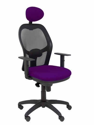 Modelo Jorquera - Silla de oficina ergonómica con mecanismo sincro, brazos regulables y ajustable en altura  Respaldo de malla transpirable en color negro y asiento tapizados en tejido BALI color morado (CON CABECERO)