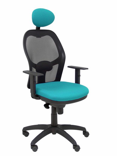 Modelo Jorquera - Silla de oficina ergonómica con mecanismo sincro, brazos regulables y ajustable en altura  Respaldo de malla transpirable en color negro y asiento tapizados en tejido BALI color turquesa (CON CABECERO)