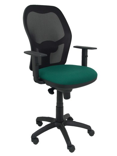 Modelo Jorquera - Silla de oficina ergonómica con mecanismo sincro, brazos regulables y ajustable en altura - Respaldo de malla transpirable en color negro y asiento tapizados en tejido BALI color verde botella