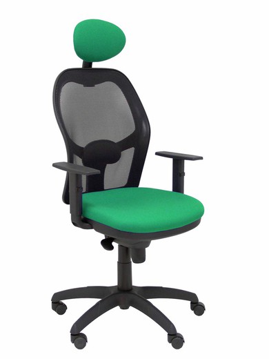 Modelo Jorquera - Silla de oficina ergonómica con mecanismo sincro, brazos regulables y ajustable en altura  Respaldo de malla transpirable en color negro y asiento tapizados en tejido BALI color verde esmeralda (CON CABECERO)