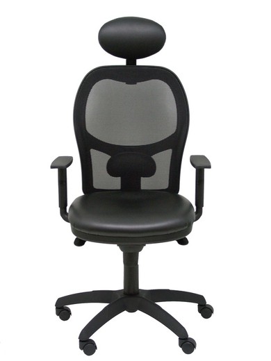 Modelo Jorquera - Silla de oficina ergonómica con mecanismo sincro, brazos regulables y ajustable en altura  Respaldo de malla transpirable en color negro y asiento tapizados en tejido SIMILPIEL color negro (CON CABECERO)