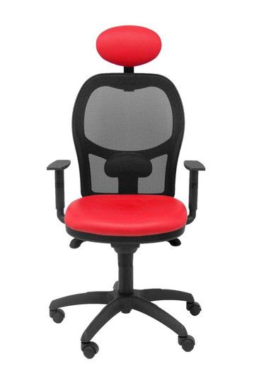 Modelo Jorquera - Silla de oficina ergonómica con mecanismo sincro, brazos regulables y ajustable en altura  Respaldo de malla transpirable en color negro y asiento tapizados en tejido SIMILPIEL color rojo (CON CABECERO)