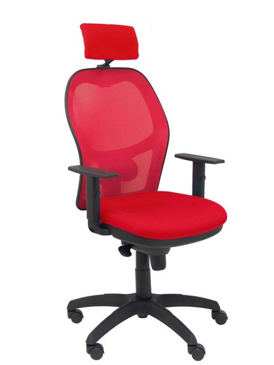 Modelo Jorquera - Silla de oficina ergonómica con mecanismo sincro, brazos regulables y ajustable en altura - Respaldo de malla transpirable en color rojo, con cabecero regulable tapizado y asiento tapizados en tejido BALI color rojo