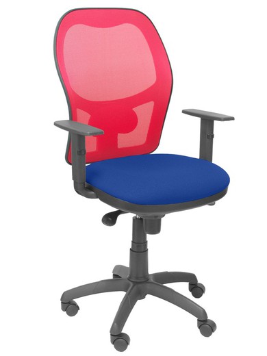 Modelo Jorquera - Silla de oficina ergonómica con mecanismo sincro, brazos regulables y ajustable en altura - Respaldo de malla transpirable en color rojo y asiento tapizados en tejido BALI color azul