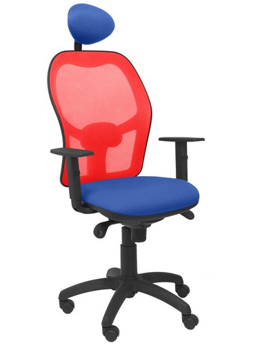 Modelo Jorquera - Silla de oficina ergonómica con mecanismo sincro, brazos regulables y ajustable en altura  Respaldo de malla transpirable en color rojo y asiento tapizados en tejido BALI color azul (CON CABECERO)