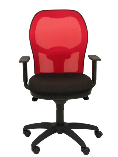 Modelo Jorquera - Silla de oficina ergonómica con mecanismo sincro, brazos regulables y ajustable en altura - Respaldo de malla transpirable en color rojo y asiento tapizados en tejido BALI color negro