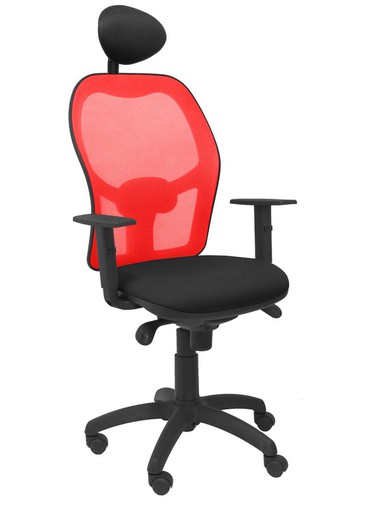 Modelo Jorquera - Silla de oficina ergonómica con mecanismo sincro, brazos regulables y ajustable en altura  Respaldo de malla transpirable en color rojo y asiento tapizados en tejido BALI color negro (CON CABECERO)