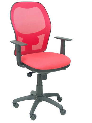 Modelo Jorquera - Silla de oficina ergonómica con mecanismo sincro, brazos regulables y ajustable en altura - Respaldo de malla transpirable en color rojo y asiento tapizados en tejido BALI color rojo