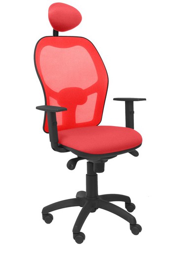 Modelo Jorquera - Silla de oficina ergonómica con mecanismo sincro, brazos regulables y ajustable en altura  Respaldo de malla transpirable en color rojo y asiento tapizados en tejido BALI color rojo (CON CABECERO)