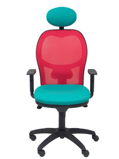 Modelo Jorquera - Silla de oficina ergonómica con mecanismo sincro, brazos regulables y ajustable en altura  Respaldo de malla transpirable en color rojo y asiento tapizados en tejido BALI color turquesa (CON CABECERO)