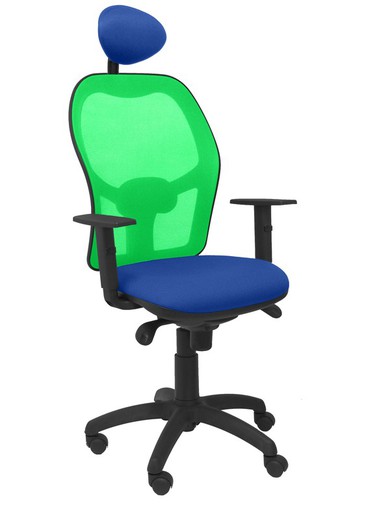 Modelo Jorquera - Silla de oficina ergonómica con mecanismo sincro, brazos regulables y ajustable en altura  Respaldo de malla transpirable en color verde y asiento tapizados en tejido BALI color azul (CON CABECERO)