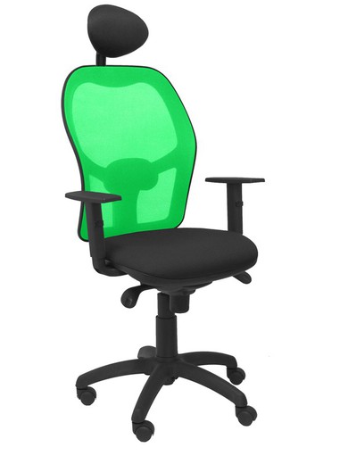 Modelo Jorquera - Silla de oficina ergonómica con mecanismo sincro, brazos regulables y ajustable en altura  Respaldo de malla transpirable en color verde y asiento tapizados en tejido BALI color negro (CON CABECERO)