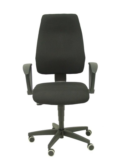 Modelo Leganiel - Silla de oficina ergonómica con mecanismo sincro, brazos fijos - Respaldo y asiento tapizado en tela color negro.