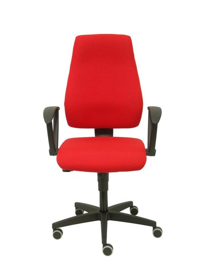 Modelo Leganiel - Silla de oficina ergonómica con mecanismo sincro, brazos fijos - Respaldo y asiento tapizado en tela color rojo.